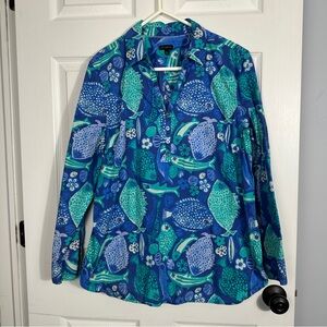 Talbots size XL, blue/green fish patterned tunic top, v-neck, cotton, travel